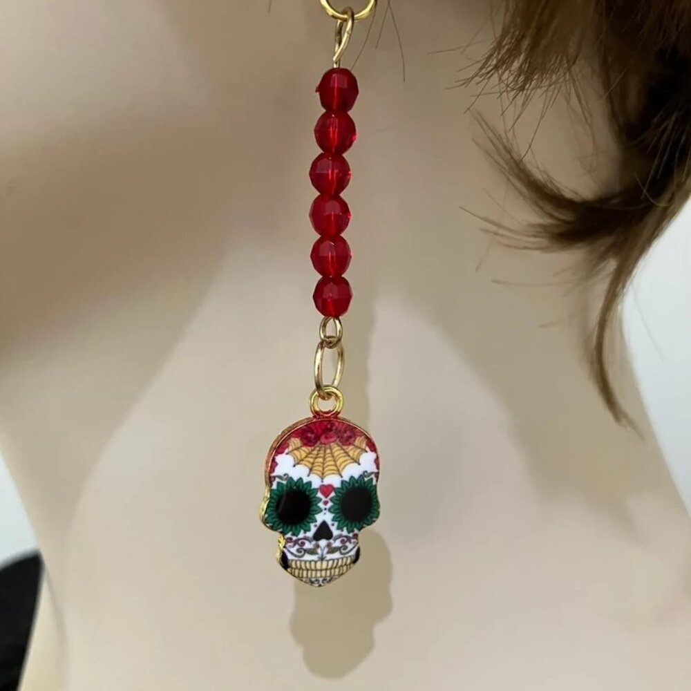 Sugar Skull Earrings  With Bead Strand For Dia De Los Muertos, Day Of The Dead